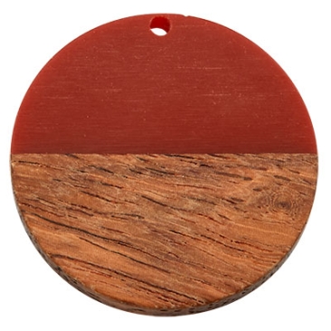 Wood and resin pendant, round disc, 28.5 x 3.5 mm, eyelet 1.5 mm, wine red