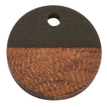 Wood and resin pendant, round disc, 15 x 3.5 mm, eyelet 1.8 mm, black