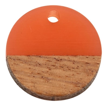 Wood and resin pendant, round disc, 15 x 3.5 mm, eyelet 1.8 mm, coral