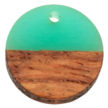 Wood and resin pendant, round disc, 15 x 3.5 mm, eyelet 1.8 mm, light turquoise