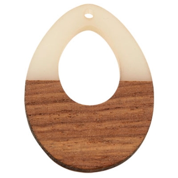 Wood and resin pendant, drop, 37.5 x 28.0 x 3.5 mm, eyelet 1.5 mm, cream white