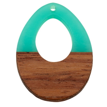 Wood and resin pendant, drop, 37.5 x 28.0 x 3.5 mm, eyelet 1.5 mm, light turquoise