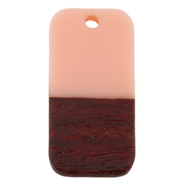 Wood and resin pendant, square, 26.5 x 13.0 x 3.5 mm, eyelet 1.8 mm, pink