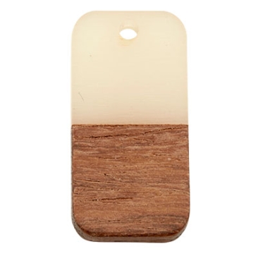 Pendant made of wood and resin, square, 26.5 x 13.0 x 3.5 mm, eyelet 1.8 mm, light grey