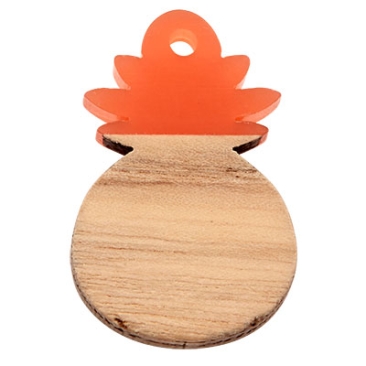 Wood and resin pendant, pineapple, 28.0 x 17.5 x 3.0 mm, eyelet 1.8 mm, coral