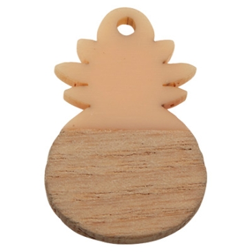 Wood and resin pendant, pineapple, 28.0 x 17.5 x 3.0 mm, eyelet 1.8 mm, pink