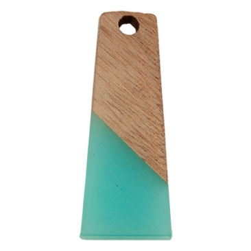 Wood and resin pendant, trapezoid, 30.0 x 12.0 x 3.0 mm, eyelet 2.0 mm, turquoise
