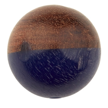 Perle en bois et résine, boule, 15,0 mm, trou 1,6 mm, bleu foncé
