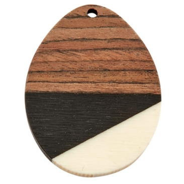 Wood and resin pendant, oval disc, 37.5 x 3.0 mm, eyelet 2.0 mm, tricolour