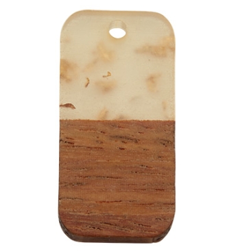 Pendentif en bois et résine, rectangle, 26,5 x 13 x 4,0 mm, oeillet 1,8 mm, transparent avec feuille d'or