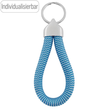 Individualisierbarer Segeltau Schlüsselanhänger, Endkappe gravierbar, Seilfarbe: Blau-Weiß gestreift