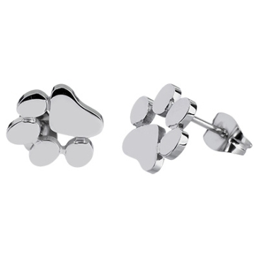 Stainless steel ear studs,paw silver coloured, 9,8x11x13 mm, pin: 0,6 mm, 1 pair