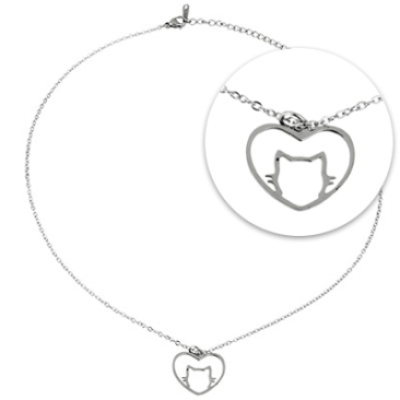Edelstahlkette mit Anhänger Herz mit Katzenkopf, silberfarben, Länge ca. 40 cm + 5 cm Verlängerung, Herz: 17x20x1mm