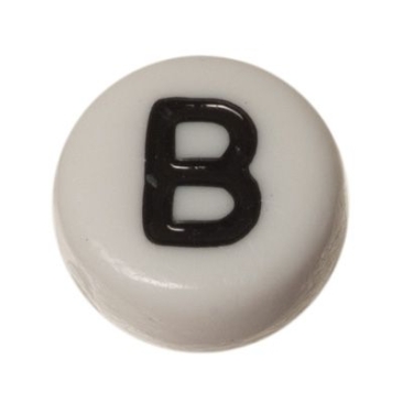 Kunststoffperle Buchstabe B, runde Scheibe, 7 x 3,7 mm, weiß mit schwarzer Schrift