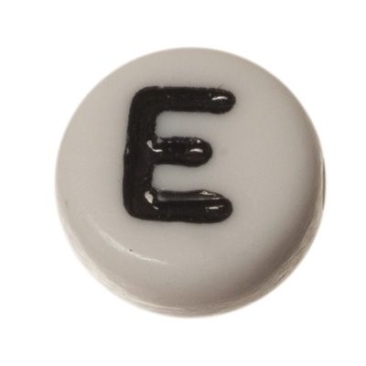 Kunststoffperle Buchstabe E, runde Scheibe, 7 x 3,7 mm, weiß mit schwarzer Schrift
