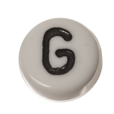 Kunststoffperle Buchstabe G, runde Scheibe, 7 x 3,7 mm, weiß mit schwarzer Schrift