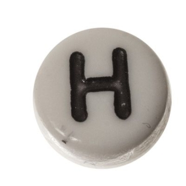 Kunststoffperle Buchstabe H, runde Scheibe, 7 x 3,7 mm, weiß mit schwarzer Schrift