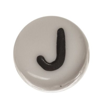 Kunststoffperle Buchstabe J, runde Scheibe, 7 x 3,7 mm, weiß mit schwarzer Schrift