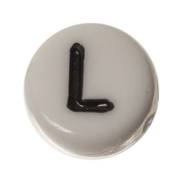 Kunststoffperle Buchstabe L, runde Scheibe, 7 x 3,7 mm, weiß mit schwarzer Schrift