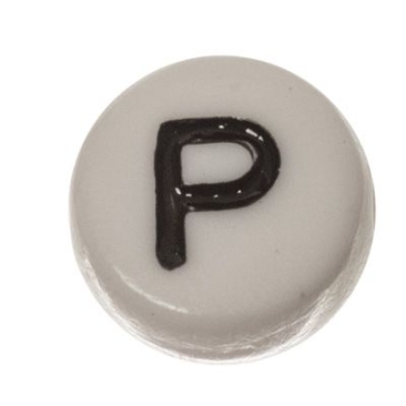 Kunststoffperle Buchstabe P, runde Scheibe, 7 x 3,7 mm, weiß mit schwarzer Schrift