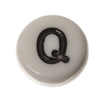Kunststoffperle Buchstabe Q, runde Scheibe, 7 x 3,7 mm, weiß mit schwarzer Schrift