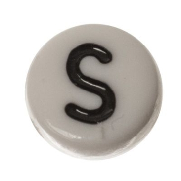 Plastic bead letter S, round disc, 7 x 3.7 mm, white with black writing