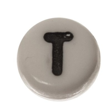 Plastic bead letter T, round disc, 7 x 3.7 mm, white with black writing