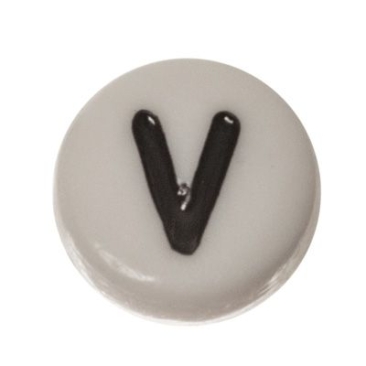 Plastic bead letter V, round disc, 7 x 3.7 mm, white with black writing