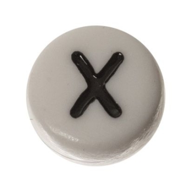 Plastic bead letter X, round disc, 7 x 3.7 mm, white with black writing
