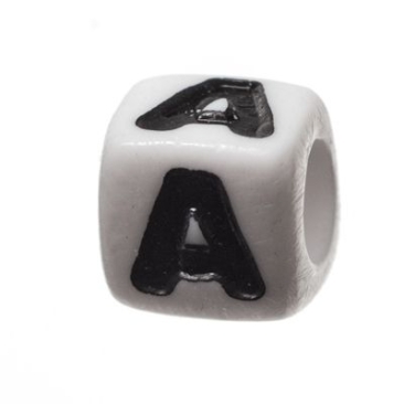 Kunststof kraal letter A, kubus, 7 x 7 mm, wit met zwart opschrift