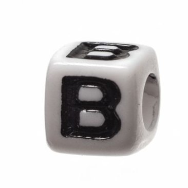 Plastic bead letter B, cube, 7 x 7 mm, white with black writing