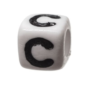 Kunststof kraal letter C, kubus, 7 x 7 mm, wit met zwart opschrift