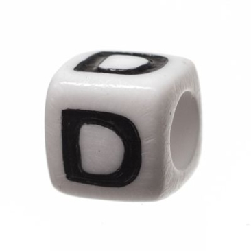 Plastic bead letter D, cube, 7 x 7 mm, white with black writing