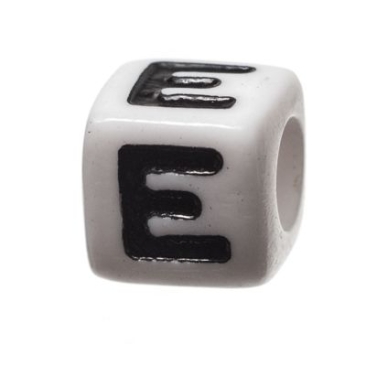 Plastic bead letter E, cube, 7 x 7 mm, white with black writing