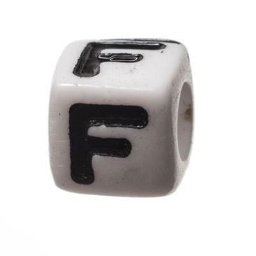 Plastic bead letter F, cube, 7 x 7 mm, white with black writing