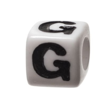 Plastic bead letter G, cube, 7 x 7 mm, white with black writing