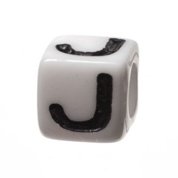 Plastic bead letter J, cube, 7 x 7 mm, white with black writing