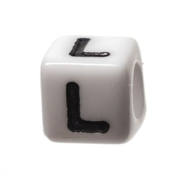 Plastic bead letter L, cube, 7 x 7 mm, white with black writing
