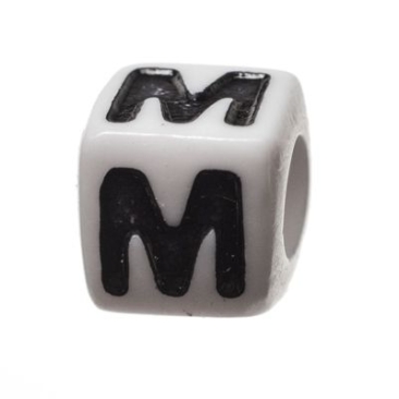 Plastic bead letter M, cube, 7 x 7 mm, white with black writing