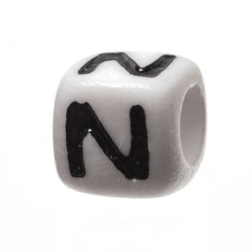 Plastic bead letter N, cube, 7 x 7 mm, white with black writing