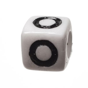Plastic bead letter O, cube, 7 x 7 mm, white with black writing