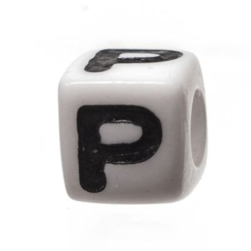 Plastic bead letter P, cube, 7 x 7 mm, white with black writing