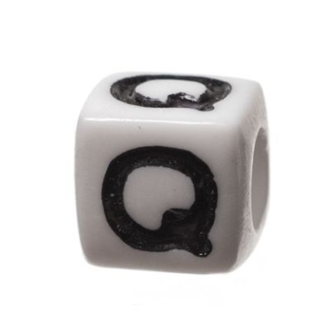 Plastic bead letter Q, cube, 7 x 7 mm, white with black writing
