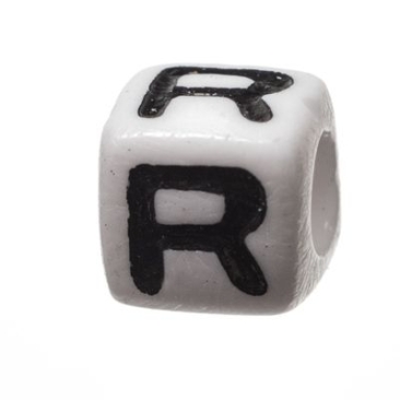 Kunststoffperle Buchstabe R, Würfel, 7 x 7 mm, weiß mit schwarzer Schrift