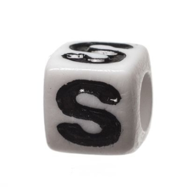Plastic bead letter S, cube, 7 x 7 mm, white with black writing