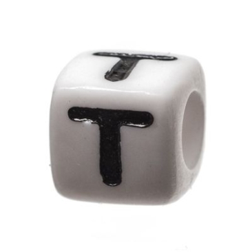 Plastic bead letter T, cube, 7 x 7 mm, white with black writing
