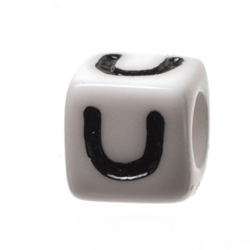 Plastic bead letter U, cube, 7 x 7 mm, white with black writing