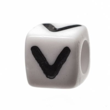 Plastic bead letter V, cube, 7 x 7 mm, white with black writing