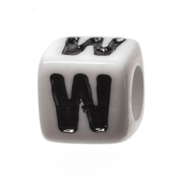 Plastic bead letter W, cube, 7 x 7 mm, white with black writing