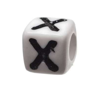 Plastic bead letter X, cube, 7 x 7 mm, white with black writing